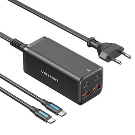 Vention FBSBG-EU Cargador de Pared 100W con 4 Puertos, 2 USB Tipo-C y 2 USB-A, Quick Charge 3.0 y Power Delivery 3.0, Negro, Cable 1.5m