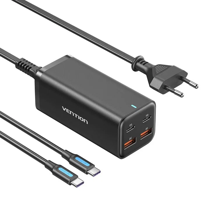 Vention FBSBG-EU Cargador de Pared 100W con 4 Puertos, 2 USB Tipo-C y 2 USB-A, Quick Charge 3.0 y Power Delivery 3.0, Negro, Cable 1.5m