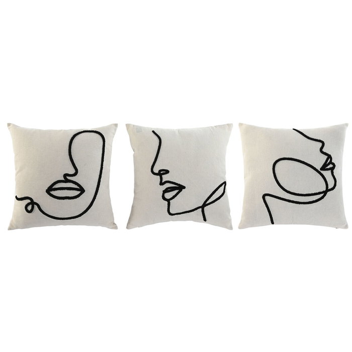 DKD Home Decor Set de 3 Cojines de Algodón con Cara de Trazos, Natural
