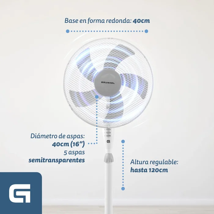 Grunkel Ventilador de pie FAN-165R 40 cm 50 W 5 aspas 3 velocidades Blanco