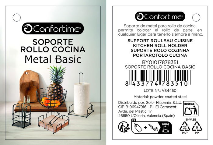 Inde Soporte Rollo Cocina Basic Confortime 15,5 cm (Ancho) x 31 cm (Alto) x 15,5 cm (Largo) (12 Unidades)