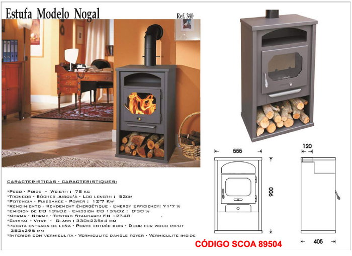 Estufa de leña 340 Nogal con horno calienta platos y salida superior 120 Estufa de leña 340 Nogal con horno calienta platos y salida superior 120