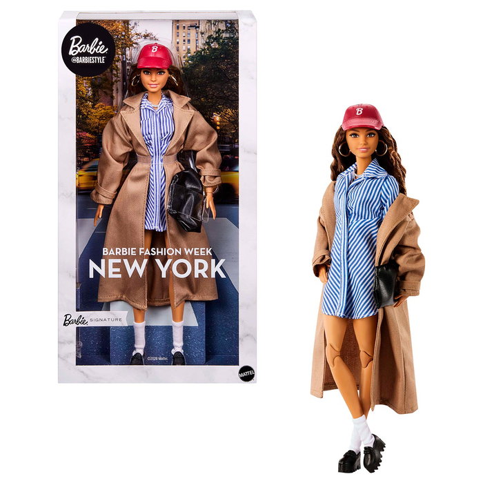 BARBIE Signature Barbie Fashion Week Barbie Teresa con vestido azul y abrigo camel