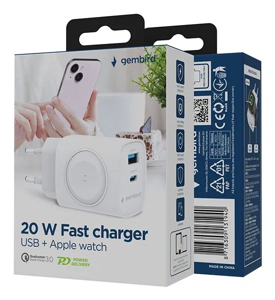Gembird TA-UC-PDQCW20-01-W Cargador rápido 2 en 1 de 20W USB-C PD y QC 3.0 para Apple Watch y Smartphones, Blanco