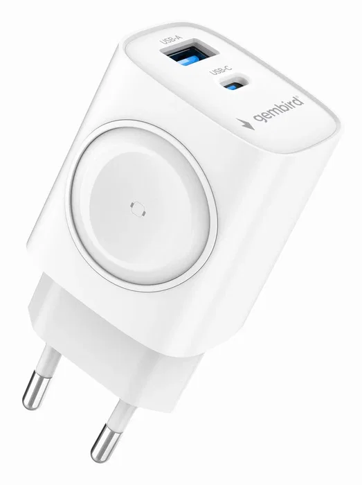Gembird TA-UC-PDQCW20-01-W Cargador rápido 2 en 1 de 20W USB-C PD y QC 3.0 para Apple Watch y Smartphones, Blanco
