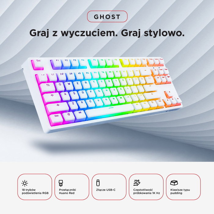 Rampage Ghost TKL Klawiatura Gamingowa Mechaniczna Przewodowa z Przełącznikami Huano Red i Podświetleniem Biała