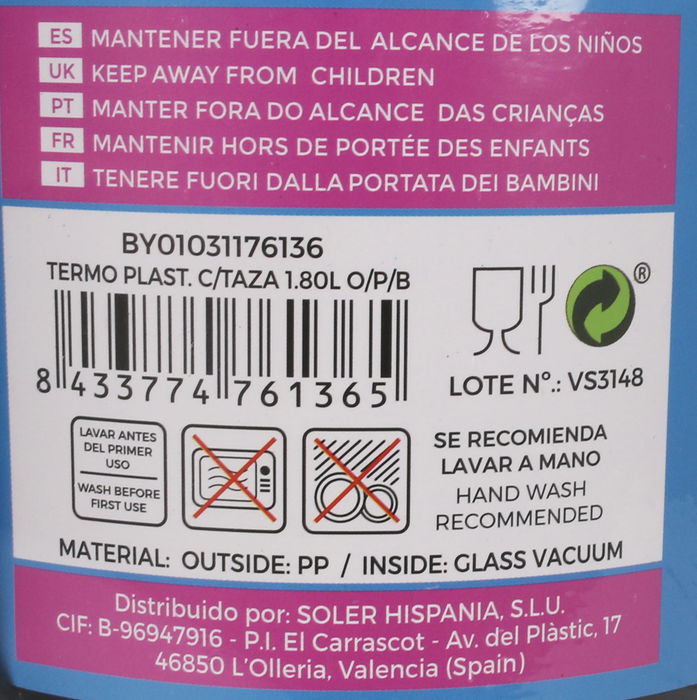 Thermosport Termo de Plástico con Taza 1.80L O/P/B - 13.6 x 33.1 x 15.3 cm (6 Unidades)