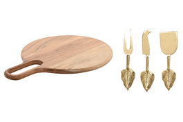 DKD Home Decor Tabla Cortar Acacia Inox Dorado Natural 40 x 1.5 x 30 cm Set de 4