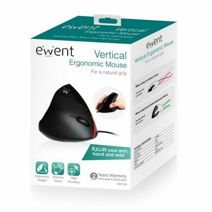 Ewent EW3156 Ratón Ergonómico Vertical para Mano Derecha, 1000 DPI, Negro y Rojo