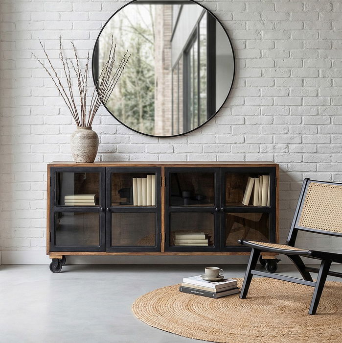 Aparador Negro-Natural Madera de Mango 160 X 35 X 71 cm