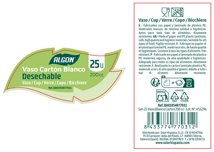 Inde Set de 25 Vasos Blancos de Cartón 200cc 7,2 x 7,2 x 20,4 cm (24 Unidades)