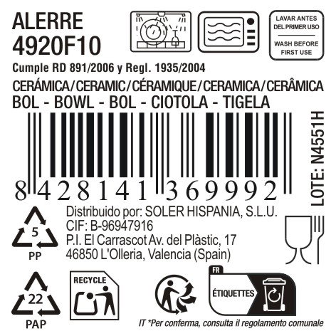 La Mediterranea Bol Alerre para Ensalada o Postres, 1300 ml, Acabado Mate, 16 Unidades