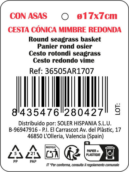 Inde Cesta Cónica de Mimbre Roja con Asa Privilege (18 Unidades)