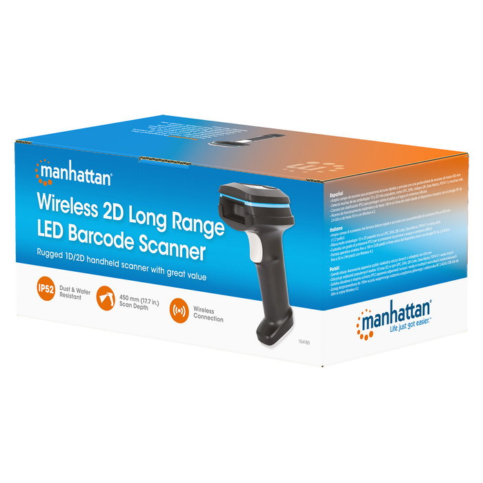 MANHATTAN Escáner de Códigos de Barras Inalámbrico 2D 1D Largo Alcance 80 m LED 1280x800 Pixels USB-C Negro