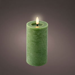 Lumineo - Vela LED de Cera con Efecto Llama, Color Verde, Acabado Rústico, Luz Cálida, Temporizador 6h/18h, Ø7 x 15 cm