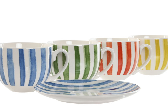 DKD Home Decor Taza Mediterraneo Set de 6 Unidades Coral, Amarillo, Verde, Azul 8.7 x 6.8 x 11 cm Porcelana