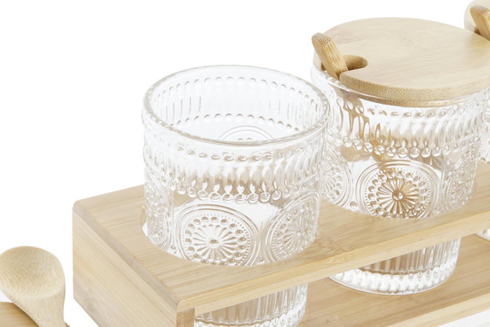 DKD Home Decor Set de 3 Azucareros de Cristal y Bambú 300ml