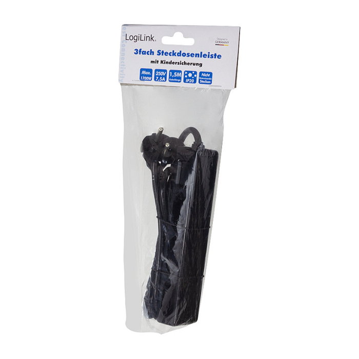 LogiLink Regleta con 3 tomas de corriente tipo Euro, negro