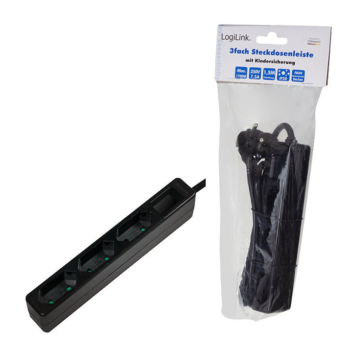 LogiLink Regleta con 3 tomas de corriente tipo Euro, negro