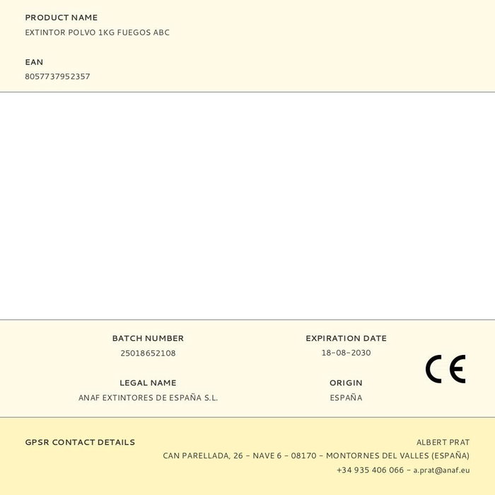 Anaf Group Extintor Polvo 1kg Fuego ABC Eficacia 5A 34B Certificado MED Anaf Group Extintor Polvo 1kg Fuego ABC Eficacia 5A 34B Certificado MED