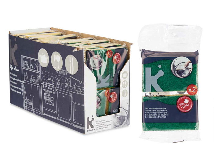 Arte Regal Set 2 Estropajos Tricapa con Esponja Vegetal Amarillo/Verde 24 x 12.5 x 2 cm (Set de 26)