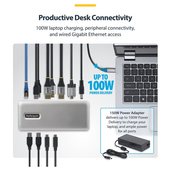 Startech Base Dock de Portátil USB-C 3.2 Gen 2 con Puerto HDMI, 2 x DisplayPort, 1Gbe Ethernet, Adaptador de Corriente Reino Unido/Europa