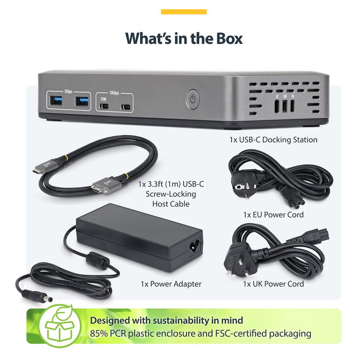 Startech Base Dock de Portátil USB-C 3.2 Gen 2 con Puerto HDMI, 2 x DisplayPort, 1Gbe Ethernet, Adaptador de Corriente Reino Unido/Europa