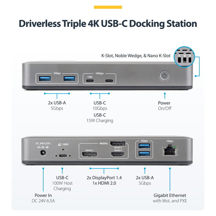Startech Base Dock de Portátil USB-C 3.2 Gen 2 con Puerto HDMI, 2 x DisplayPort, 1Gbe Ethernet, Adaptador de Corriente Reino Unido/Europa
