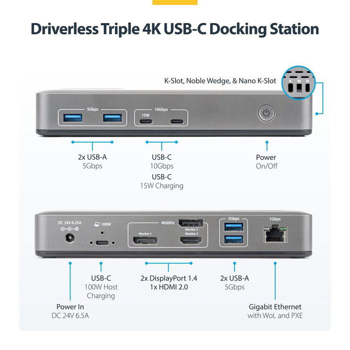 StarTech.com Docking Station USB-C 3 Monitores 4K PD 100W Gris
