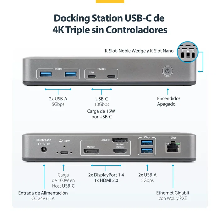 StarTech.com Docking Station USB-C para 3 Monitores 4K con PD 100W Gris StarTech.com Docking Station USB-C para 3 Monitores 4K con PD 100W Gris