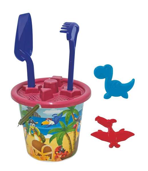 AVC - Cubo de playa piratas con pala, rastrillo, cedazo y 2 moldes, juguete de plástico para niños a partir de 10 meses AVC - Cubo de playa piratas con pala, rastrillo, cedazo y 2 moldes, juguete de plástico para niños a partir de 10 meses