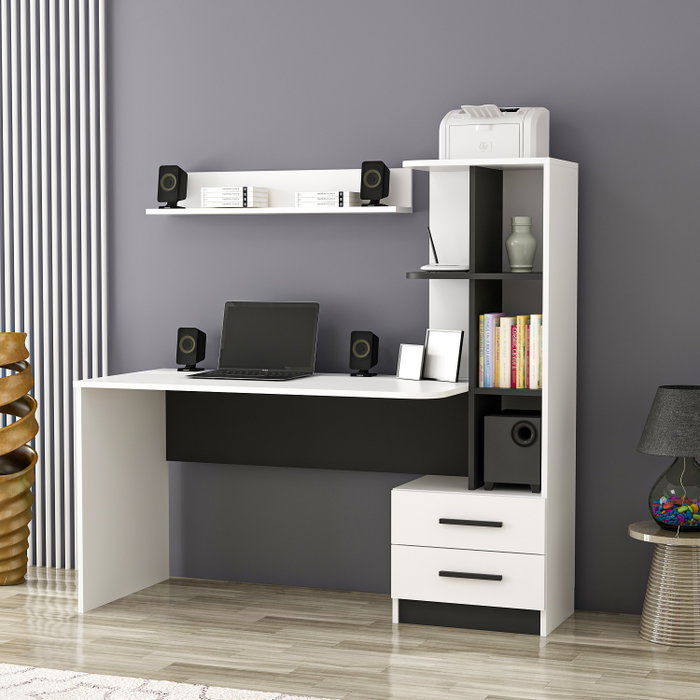 Hanah Home Mesa de Estudio Alaska Blanco y Negro con Cajones y Estantes, 120x74x60 cm Hanah Home Mesa de Estudio Alaska Blanco y Negro con Cajones y Estantes, 120x74x60 cm