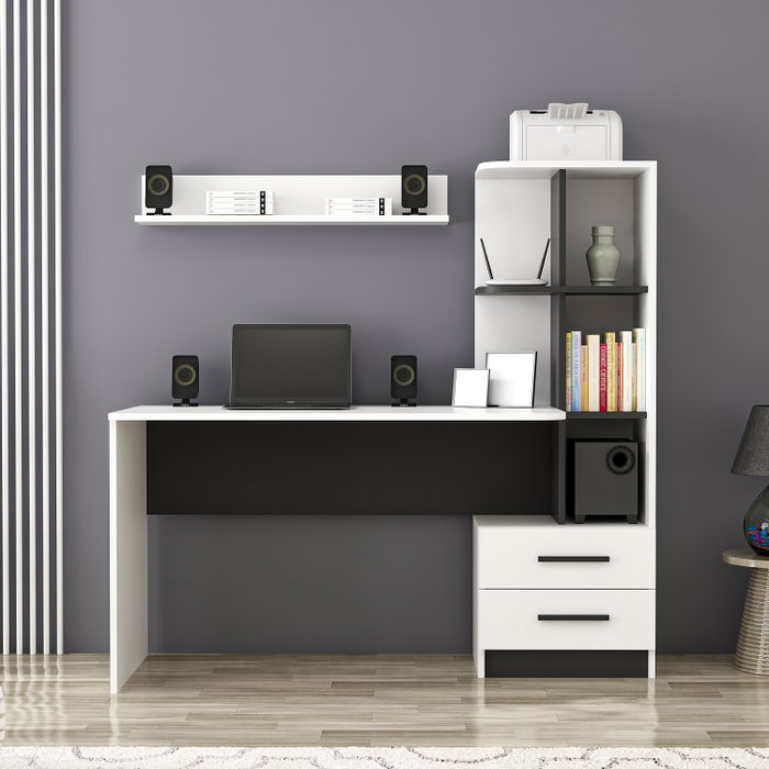 Hanah Home Mesa de Estudio Alaska Blanco y Negro con Cajones y Estantes, 120x74x60 cm Hanah Home Mesa de Estudio Alaska Blanco y Negro con Cajones y Estantes, 120x74x60 cm