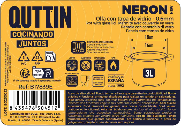 Inde Olla 18 cm Acero Inoxidable con Tapa 3 Litros "New Neron" (4 Unidades)