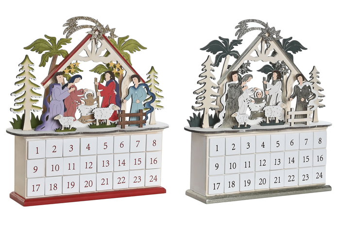 DKD Home Decor Calendario Adviento Navidad Tradicional Rojo Beige Madera 8.5 x 36.5 x 34 cm (2 Unidades)