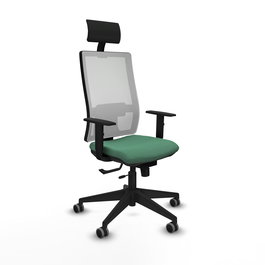 Silla de oficina Horna con mecanismo Sincro/Traslack tapizada con Tela color Verde esmeralda y malla color Blanco. Equipada con lumbar 1D, Brazos 1D, Cabecero Fijo y Ruedas 65 mm parqué