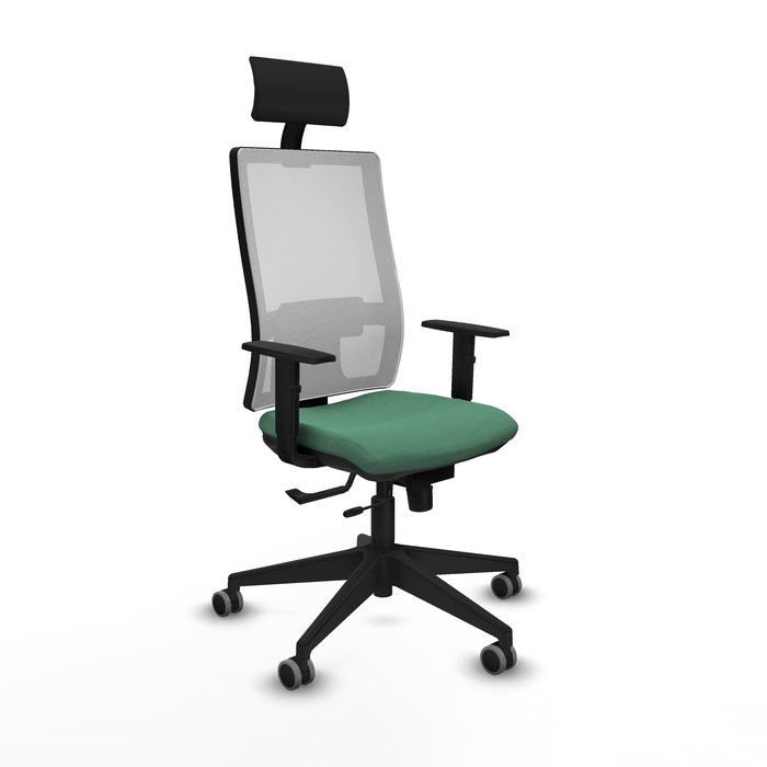 Silla de oficina Horna con mecanismo Sincro/Traslack tapizada con Tela color Verde esmeralda y malla color Blanco. Equipada con lumbar 1D, Brazos 1D, Cabecero Fijo y Ruedas 65 mm parqué