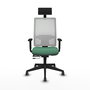 Silla de oficina Horna con mecanismo Sincro/Traslack tapizada con Tela color Verde esmeralda y malla color Blanco. Equipada con lumbar 1D, Brazos 1D, Cabecero Fijo y Ruedas 65 mm parqué