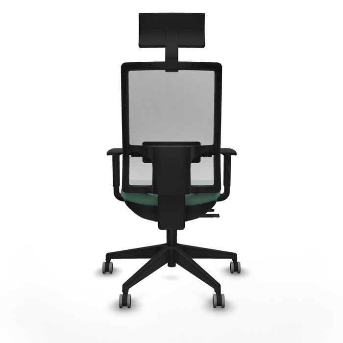 Silla de oficina Horna con mecanismo Sincro/Traslack tapizada con Tela color Verde esmeralda y malla color Blanco. Equipada con lumbar 1D, Brazos 1D, Cabecero Fijo y Ruedas 65 mm parqué