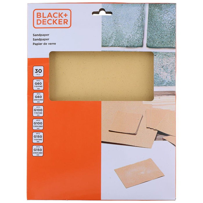 Black+Decker Set de 30 piezas de papel de lija surtido Black+Decker Set de 30 piezas de papel de lija surtido