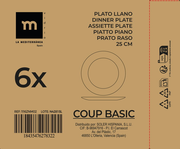 La Mediterranea Plato Llano Opal 25 cm Coup Basic (36 Unidades) La Mediterranea Plato Llano Opal 25 cm Coup Basic (36 Unidades)