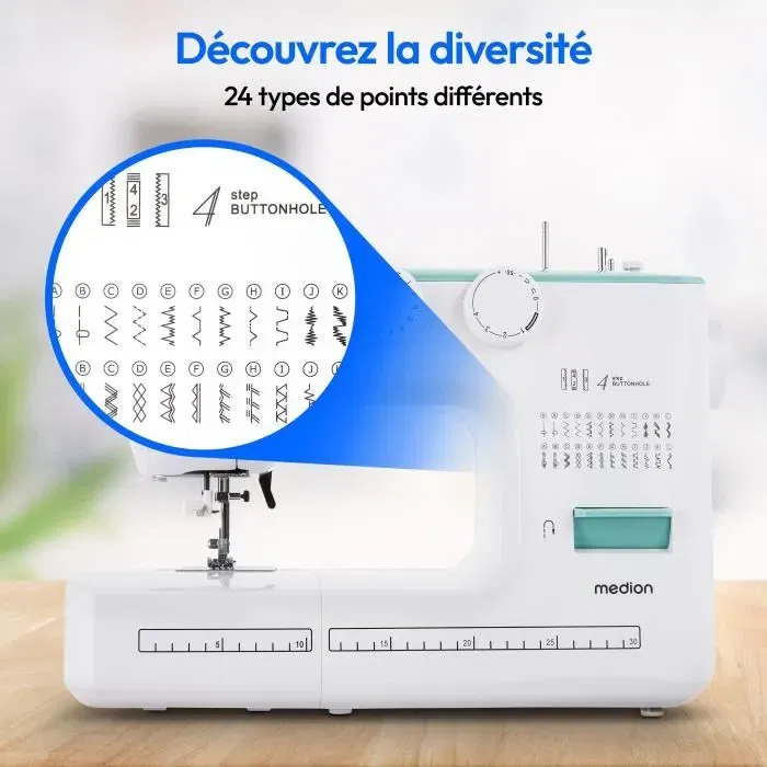 Medion Máquina de coser SM 60, 62W, 24 puntadas + puntadas dobles, 700 rpm, LED, Turquesa