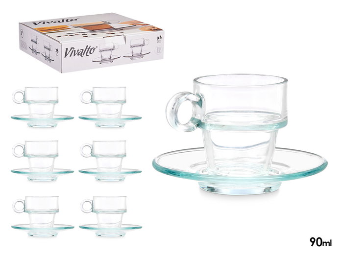 Vivalto Taza de Vidrio para Café 90ml con Plato Transparente 8 x 6 x 6.5 cm (Set de 24) Vivalto Taza de Vidrio para Café 90ml con Plato Transparente 8 x 6 x 6.5 cm (Set de 24)