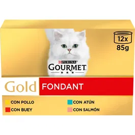 Purina Gourmet Gold Multi Fondant para Gatos - Sabores Buey, Atún y Salmón - 12 Latas de 85g - Con Minerales para Salud Urinaria, Sin Colorantes ni Conservantes Artificiales