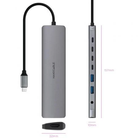 Nano Cable Docking Station USB-C 8 en 1 10.16.4608 | 2xUSB 3.0, 3xUSB-C, HDMI 4K 60Hz, Audio Jack, Gris