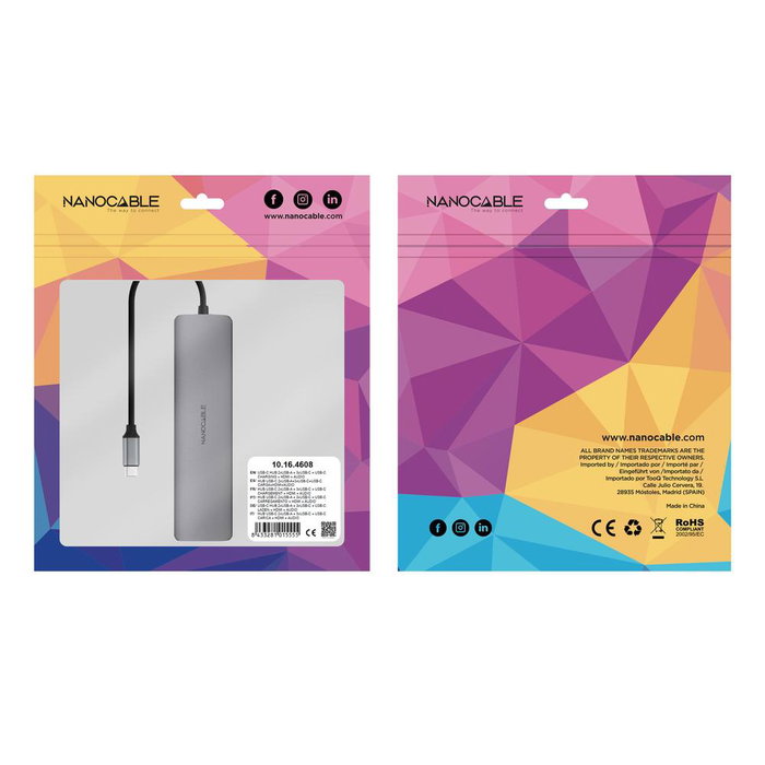 Nano Cable Concentrador USB-C 8 en 1 (Ref: 10.16.4608) con 2x USB-A 3.0, 3x USB-C, HDMI 4K 60Hz, Jack 3.5mm y USB-C PD 100W - Gris Nano Cable Concentrador USB-C 8 en 1 (Ref: 10.16.4608) con 2x USB-A 3.0, 3x USB-C, HDMI 4K 60Hz, Jack 3.5mm y USB-C PD 100W - Gris