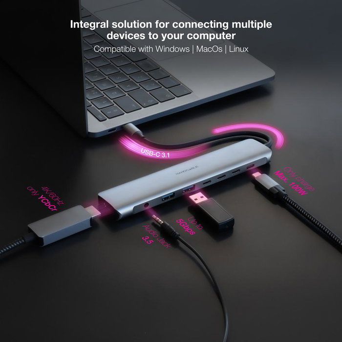Nano Cable Concentrador USB-C 8 en 1 (Ref: 10.16.4608) con 2x USB-A 3.0, 3x USB-C, HDMI 4K 60Hz, Jack 3.5mm y USB-C PD 100W - Gris Nano Cable Concentrador USB-C 8 en 1 (Ref: 10.16.4608) con 2x USB-A 3.0, 3x USB-C, HDMI 4K 60Hz, Jack 3.5mm y USB-C PD 100W - Gris