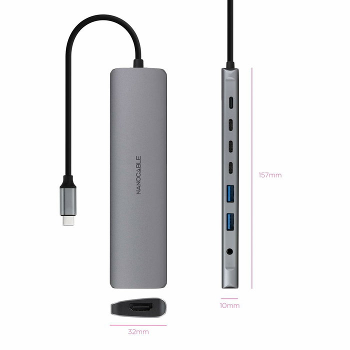 Nanocable Hub USB-C 8 en 1 con HDMI 4K, PD 100W y Jack 3,5 mm - Gris