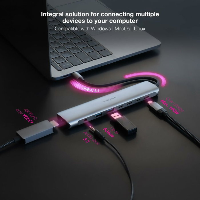 Nanocable Hub USB-C 8 en 1 con HDMI 4K, PD 100W y Jack 3,5 mm - Gris