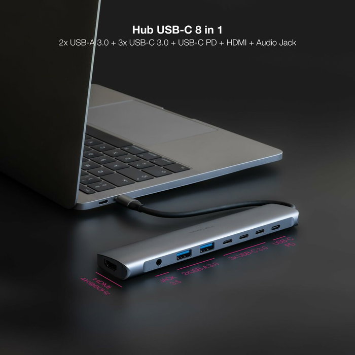 Nanocable Hub USB-C 8 en 1 con HDMI 4K, PD 100W y Jack 3,5 mm - Gris